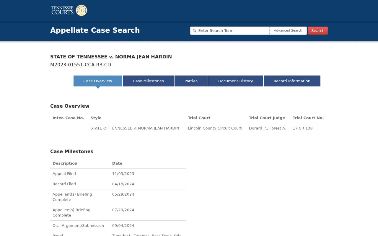 Lincoln County criminal docket appellate detail